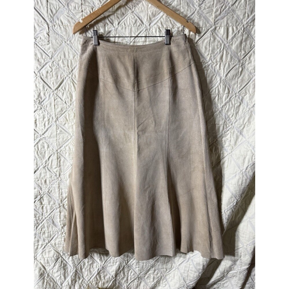 Chico's Design Beige Suede Leather A-Line Midi Skirt Lined Zip, Size 1